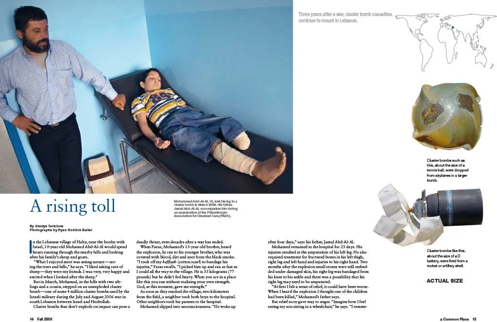 A page dominated by a photograph of a boy lying on a table and two life-sized cluster bombs