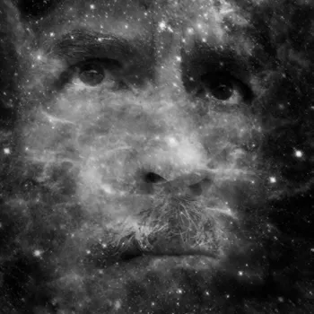 A face superimposed on a galaxy of stars.
