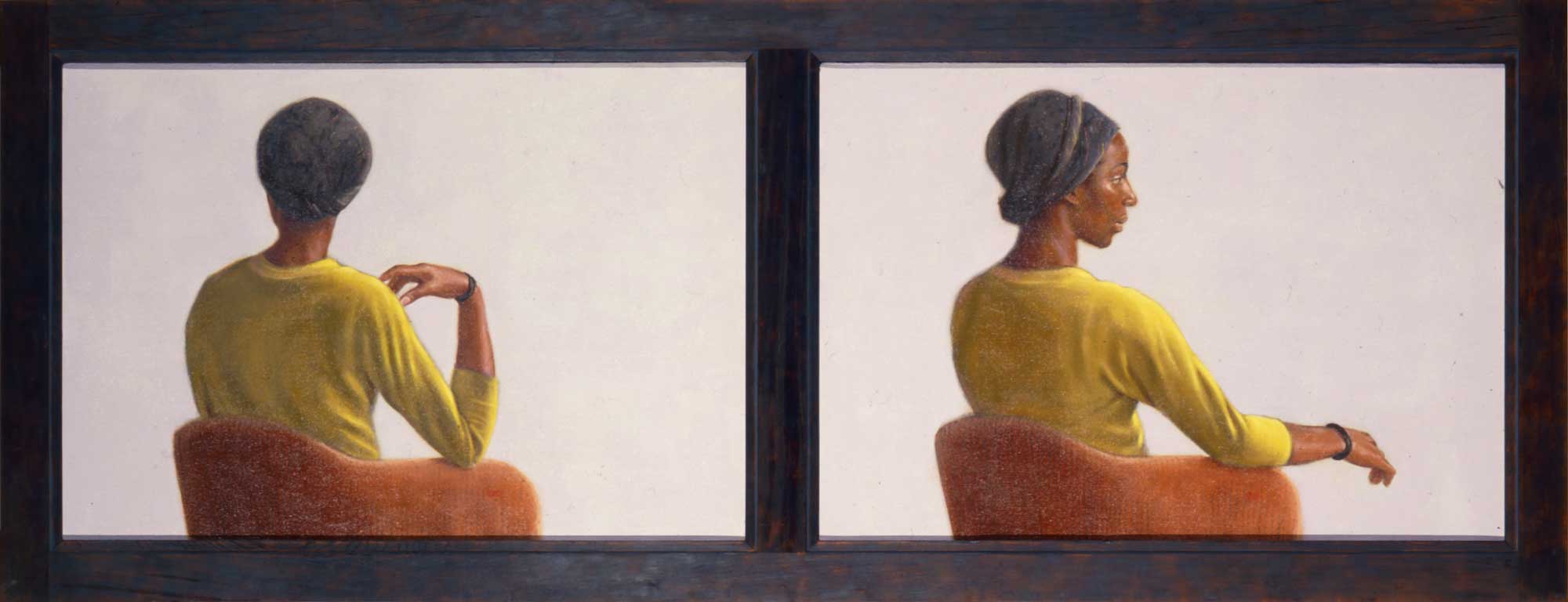 A Diptych of the back of a women sitting in a chair.