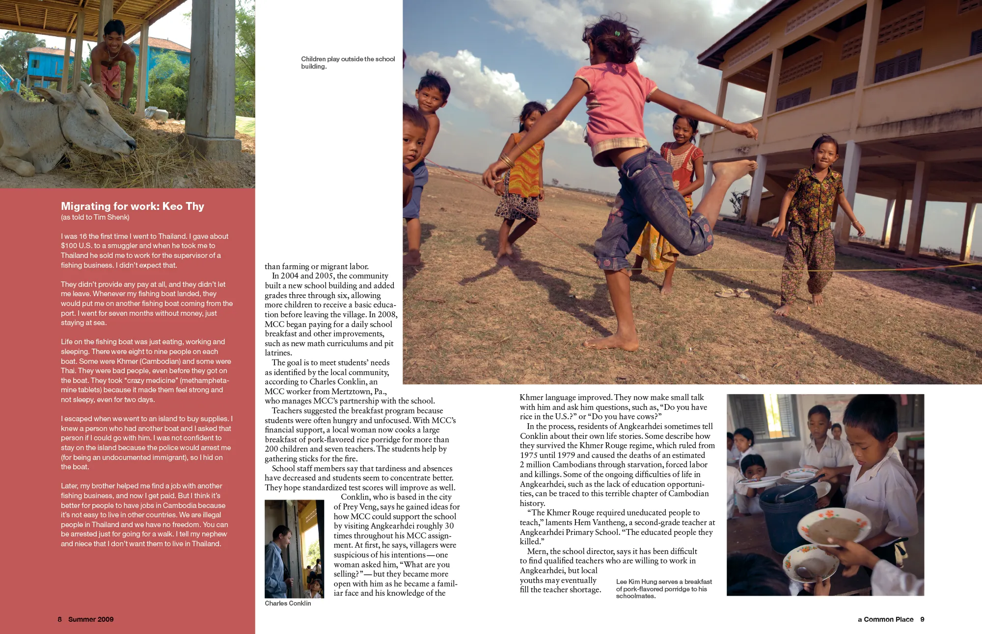 A double page spread with five images assembled with text on the page.