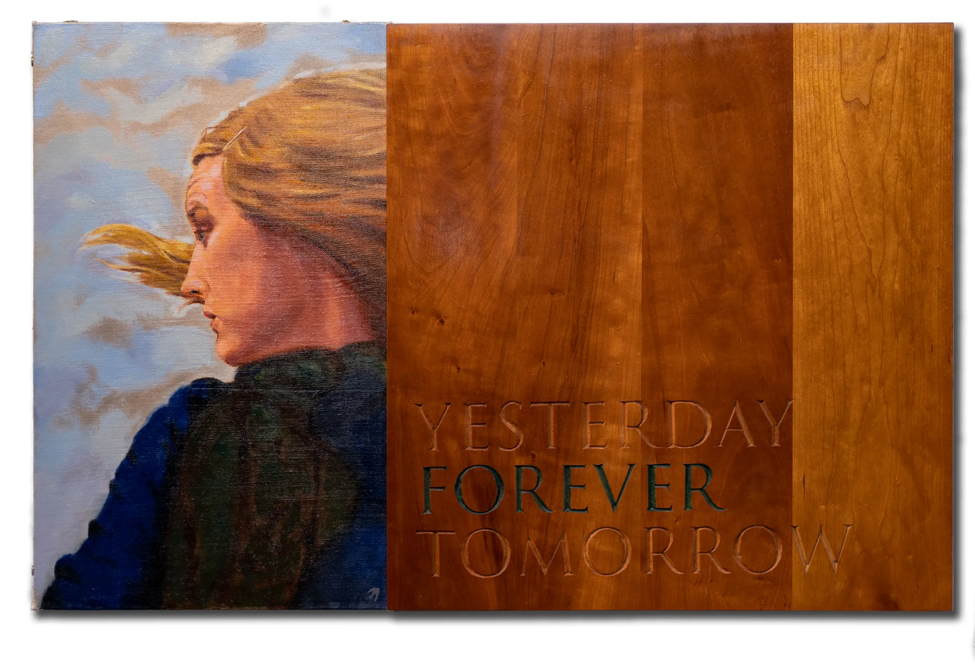 A Diptych of the back of a women sitting in a chair.