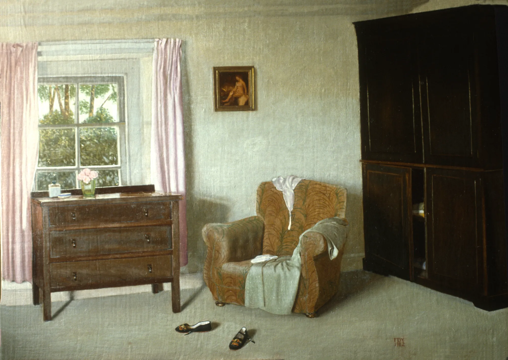 A dress is draped over a chair next to a window, slipper on the floor.
