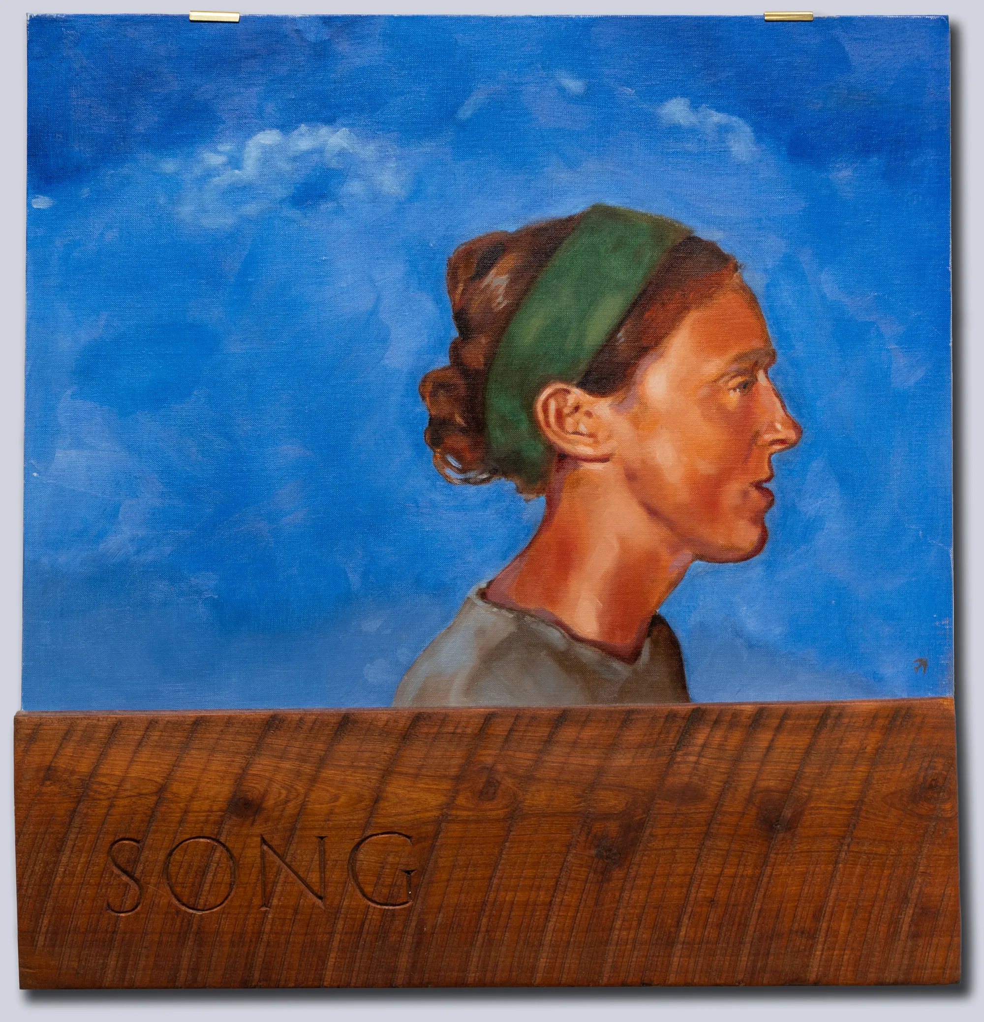 A painting of a profile of a young women mouth slightly open. Below is a length of wood with Song carved into it.