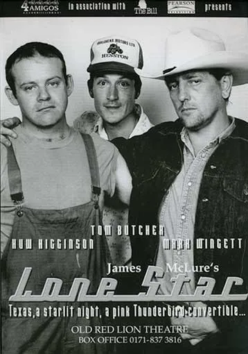 Three figures stare out at the viewer one wearing a baseball cap another a cowboy hat.