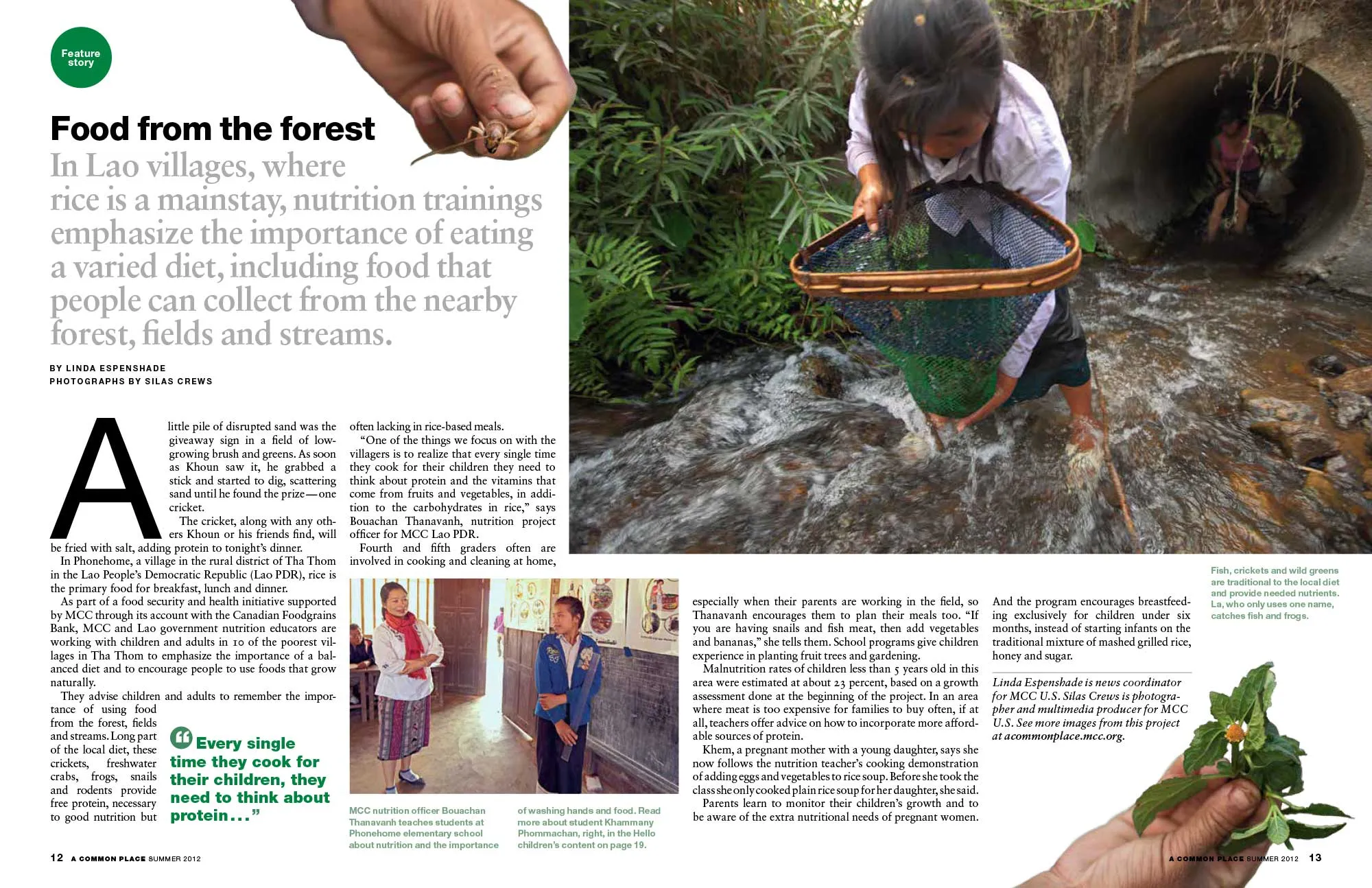 A spread of pages with a girl catching crawlfish in a net.