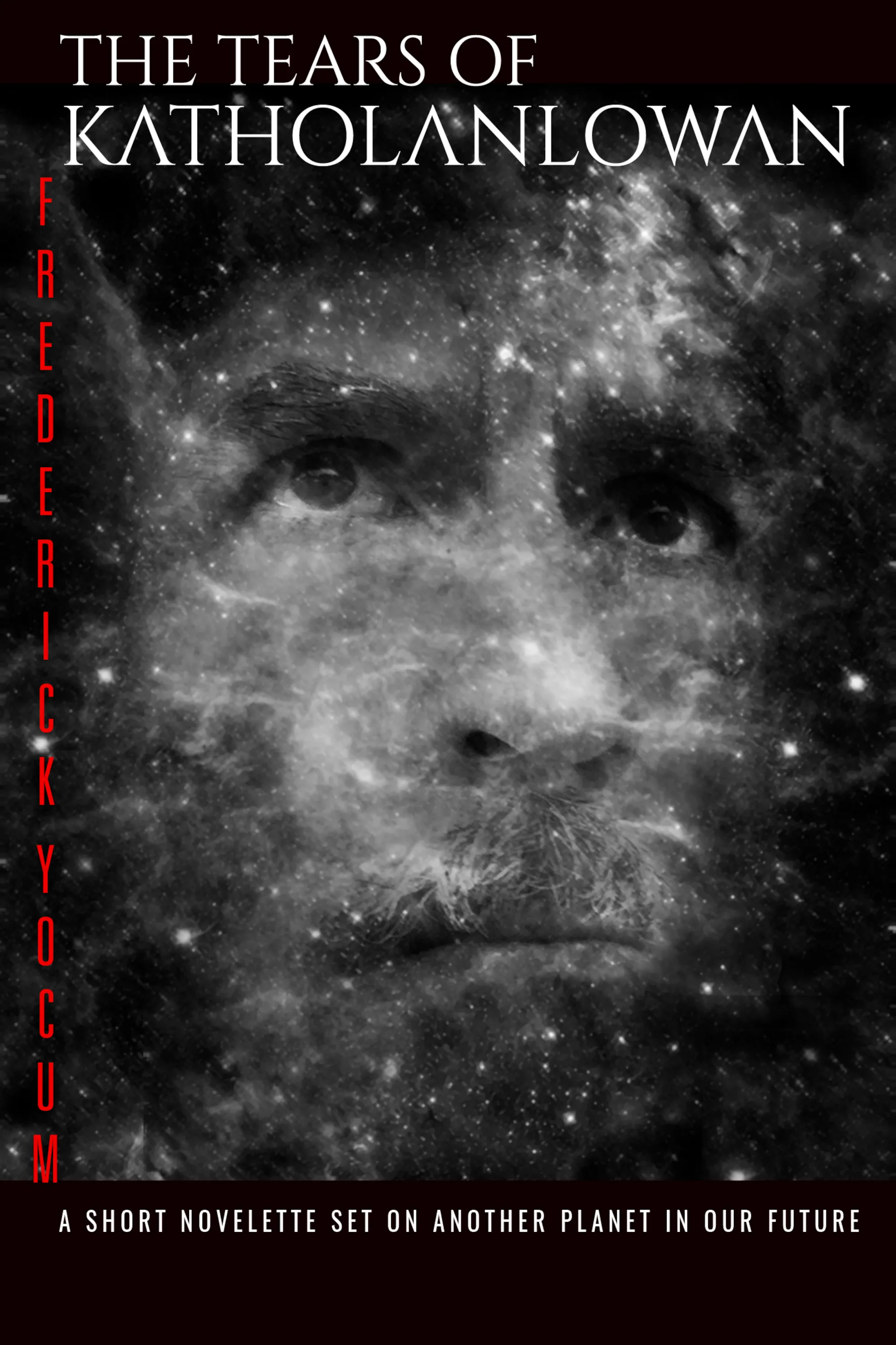 A book title with a face superimposed on a galaxy of stars.