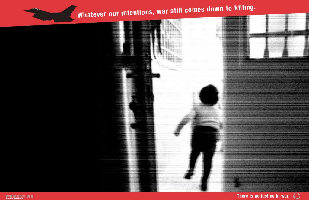 A child runs away with a fighter jet flying across the top