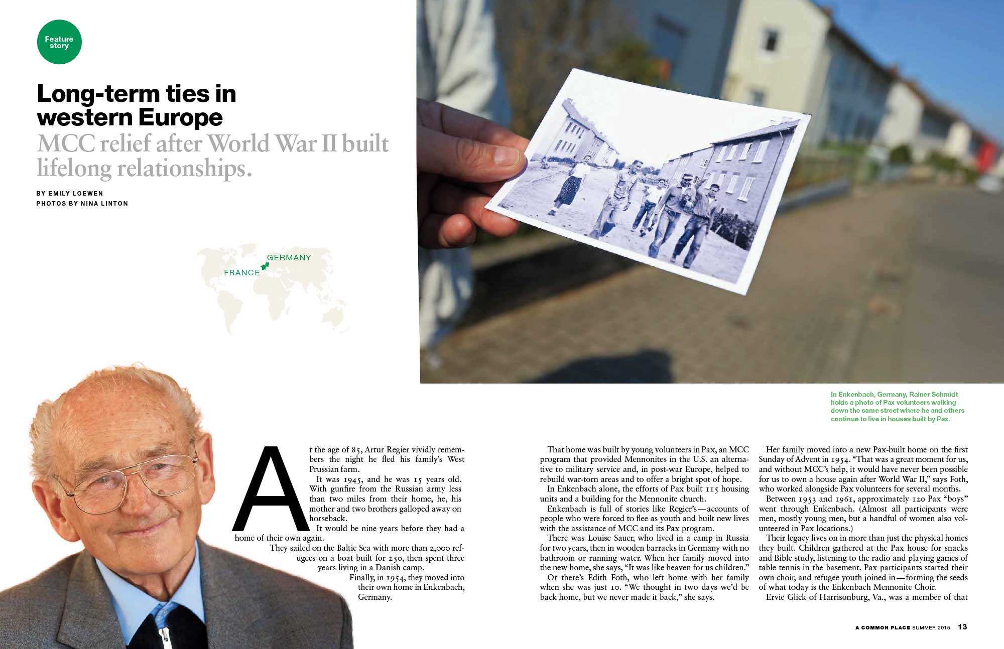 A photograph of first spread which shows a photograph and a portrait of an elderly man. 